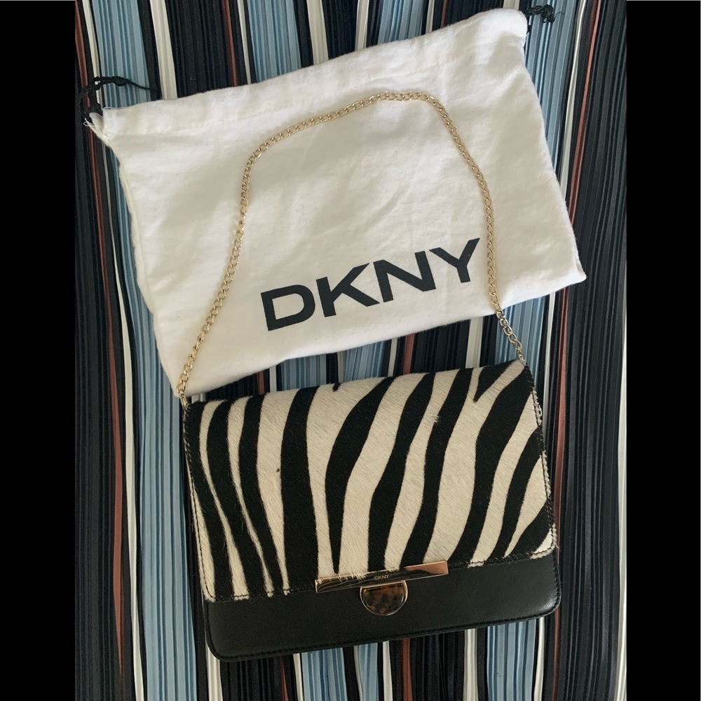 DKNY Black Leather Animal Print Clutch.